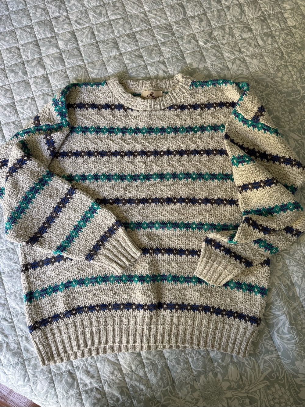 Vintage EMS Cream Crewneck Sweater with Teal & Navy Stripes